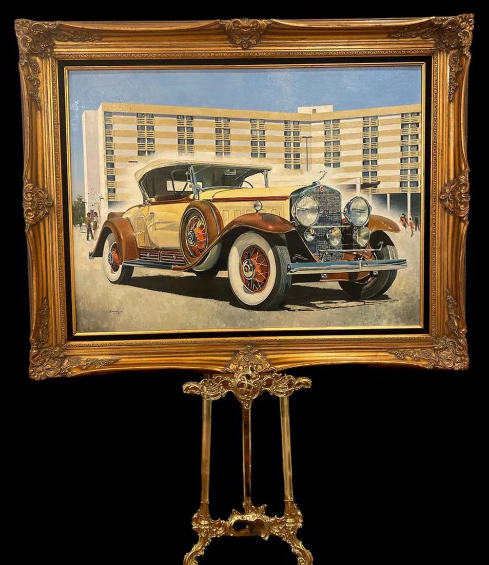 1930 Cadillac V-16 Roadster Oil Painting By Tom Darrah: 1981-Vintage Oil Painting on Canvas Special Order for the biggest Classical Car Owner in United States- Frame Size 50 in L x 40 in H -Canvas Size : 40 in L x 30 in*********Tom Darrah began his