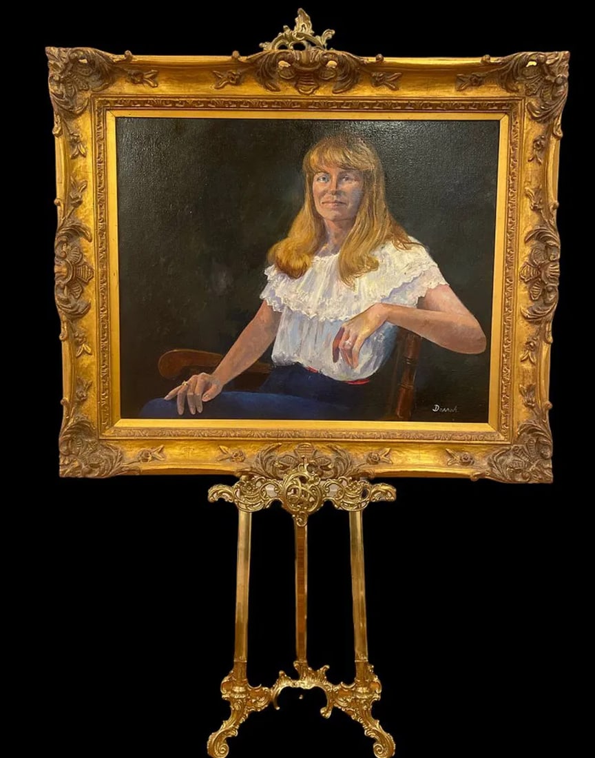 Woman Oil on Canvas Painting by Tom Darrah: Size Frame: 39x 33 inches Painting Size: 29 1/2 x 23 1/2 -Tom Darrah began his artistic journey at the Pennsylvania Academy of Fine Arts, the Fleisher Art Memorial, and the Hussian School of Art.