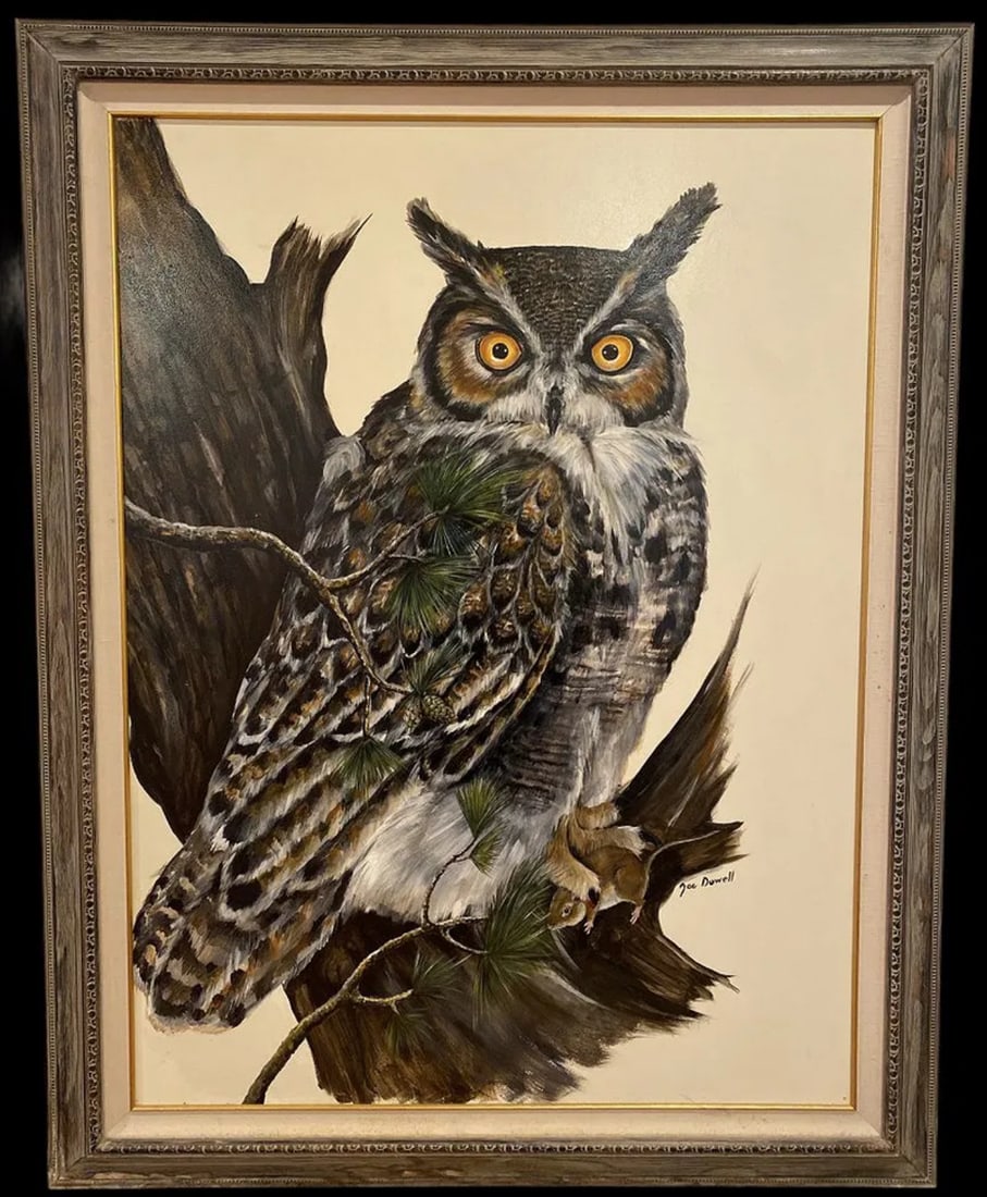 Huge Owl Oil Painting by Dowell: Oil on Panel - Signed - Frame Size 57 x 45 inches