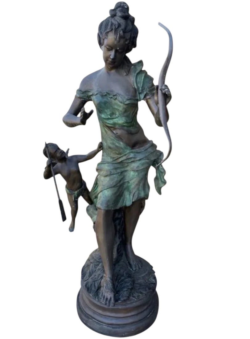 Large Lady and Cherub Bronze Sculpture: Size: 53 in x 23 in 23 in