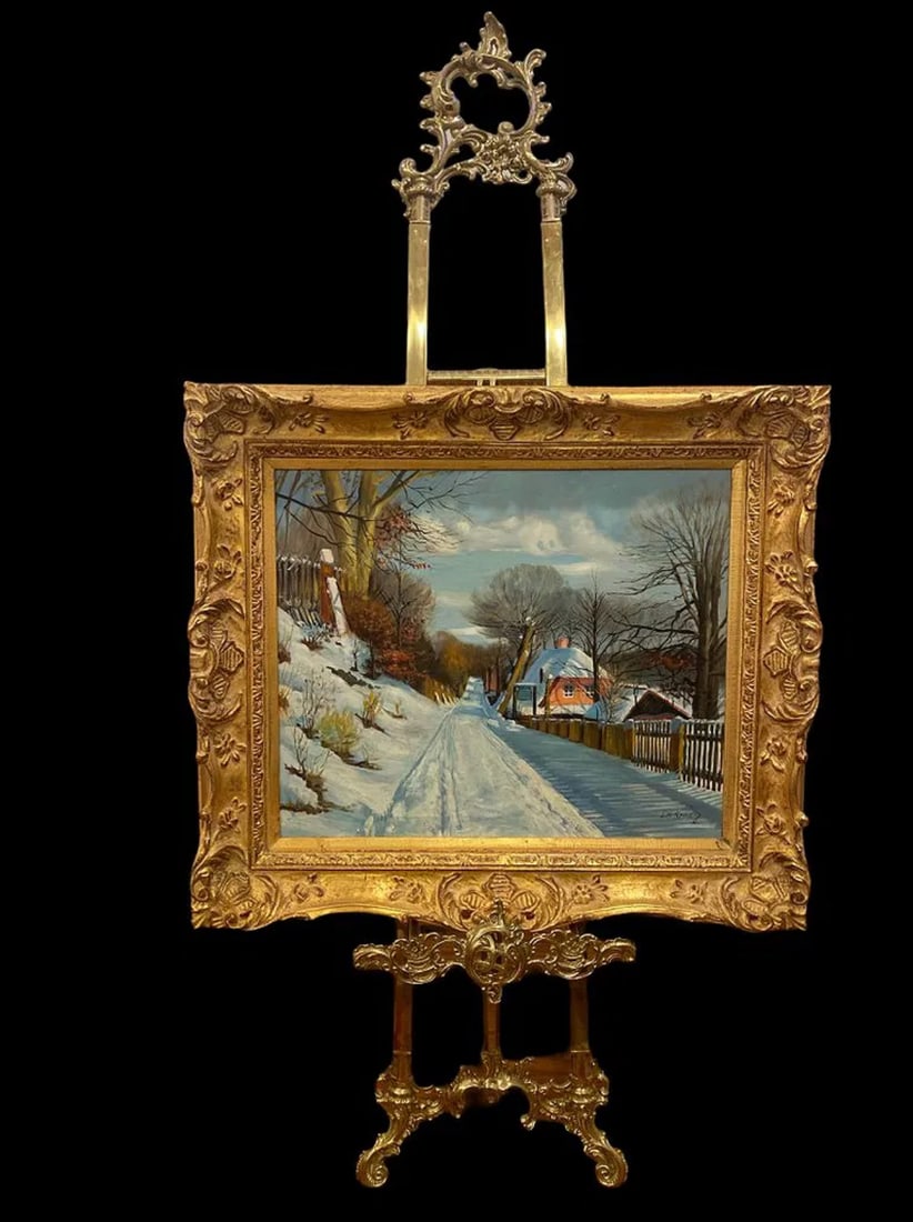 Sunny Winter Oil on Canvas Painting Snow Scene by De Kounig: SIZE: 32 IN X 27 IN