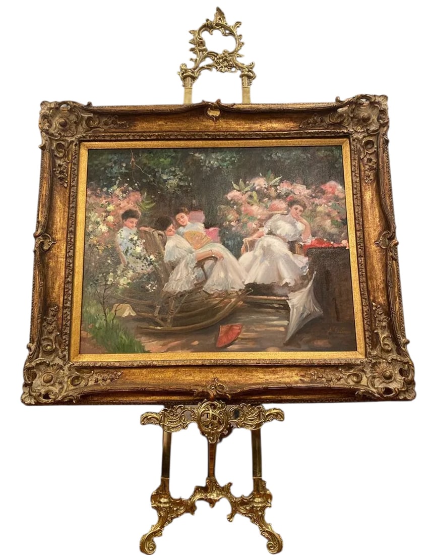 Girls in the Garden - Oil on Canvas N. Sallman: SIZE: 40 IN X 34 IN