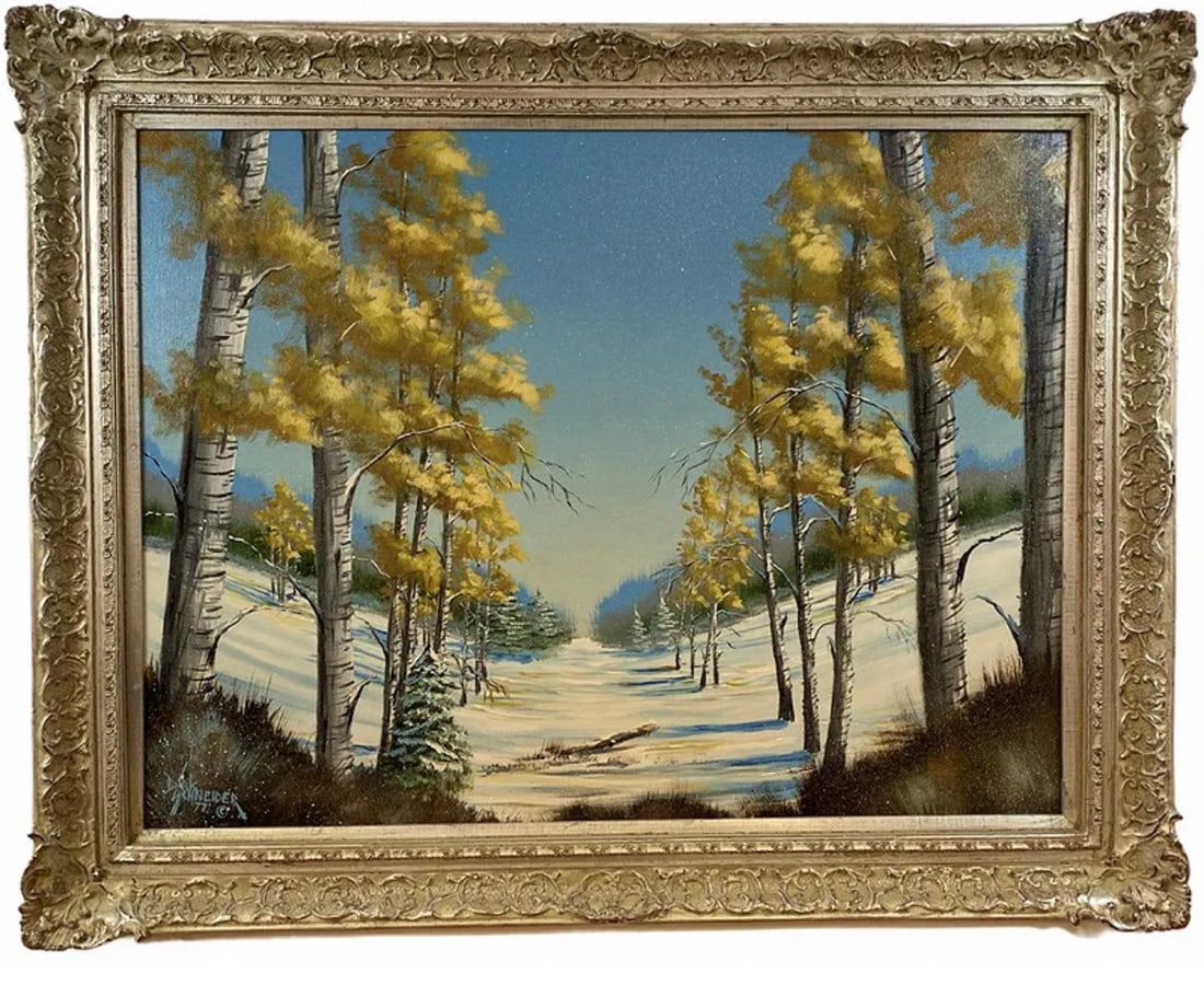 1977 - Winter Landscape Oil Painting by Dirk Schneider: Frame: 48 in L x 38 in H -