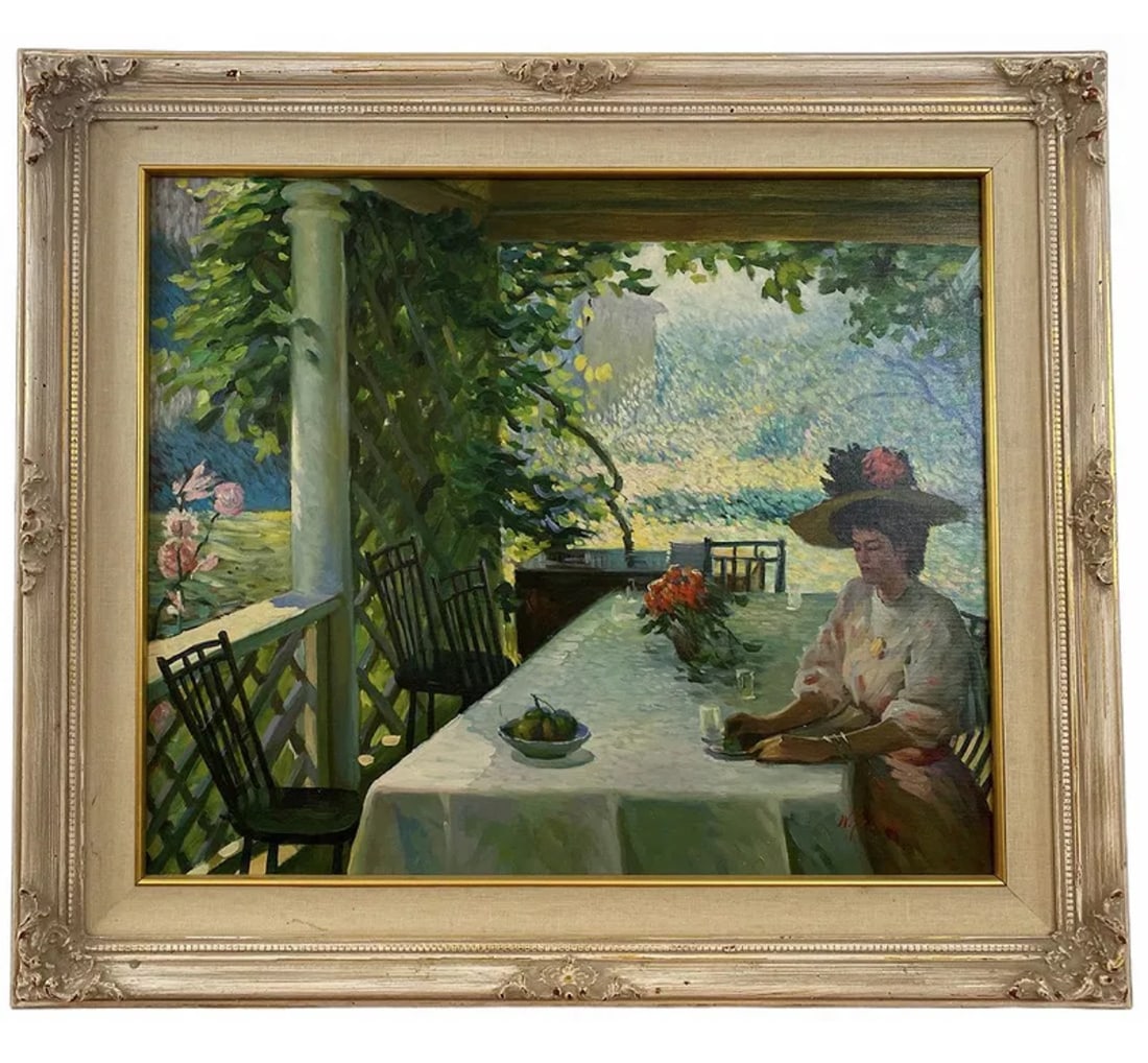 On the Terrace -Original Oil Painting by W. Sallman: Frame: 31 in L x 27 in H