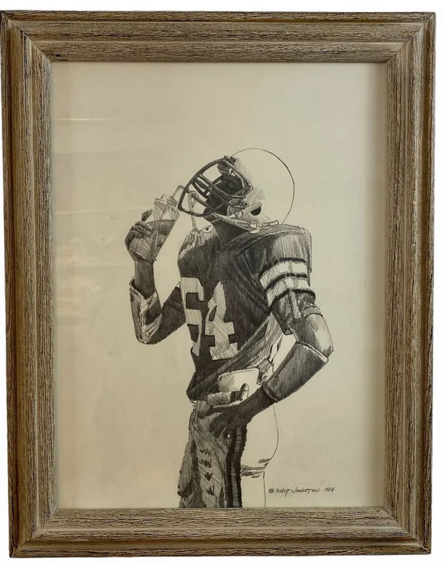 1984 American Football Pencil Art Painting by Walt Johnston: Original Pencil Art Work by Walt Johnston-Includes Glass Top Frame: 19 in H x 15 in L Painting: 15 1/2 in H x 12 1/2 in L