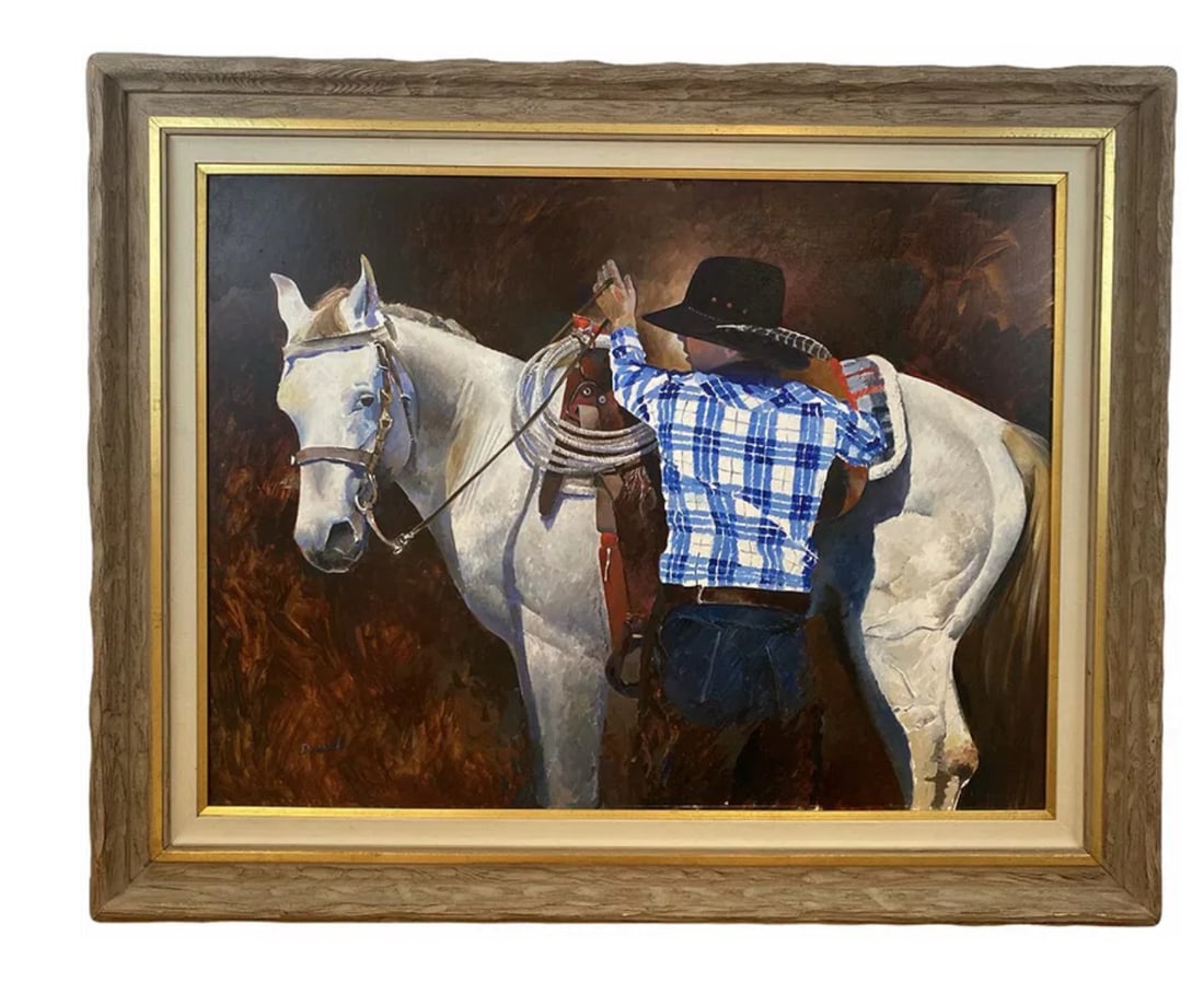Large Cowgirl Oil painting by Tom Darrah: Frame: 50 in L x 40 in H - Painting: 40x 30 in Western/ Cowgirl / horse *** Tom Darrah began his artistic journey at the Pennsylvania Academy of Fine Arts, the Fleisher Art Memorial, and the Hussian S