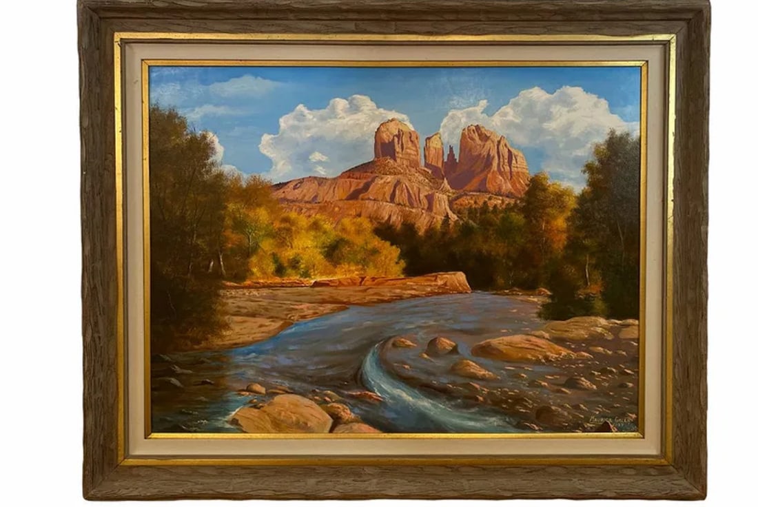 Landscape Mountain River by Maurice Green 1987: Another impressive work of Maurice Green of Grand Canyon Canvas on Panel -Arizona landscape- Original hand Oil Painting on Panel - Frame 50In L x 40 in H - Painting: 340 in L x 30 in L *