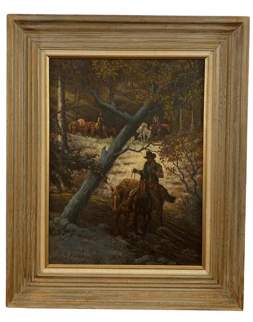 1981 Western Into the woods Oil Painting on Canvas: Frame: 33 in H x 26 in L -