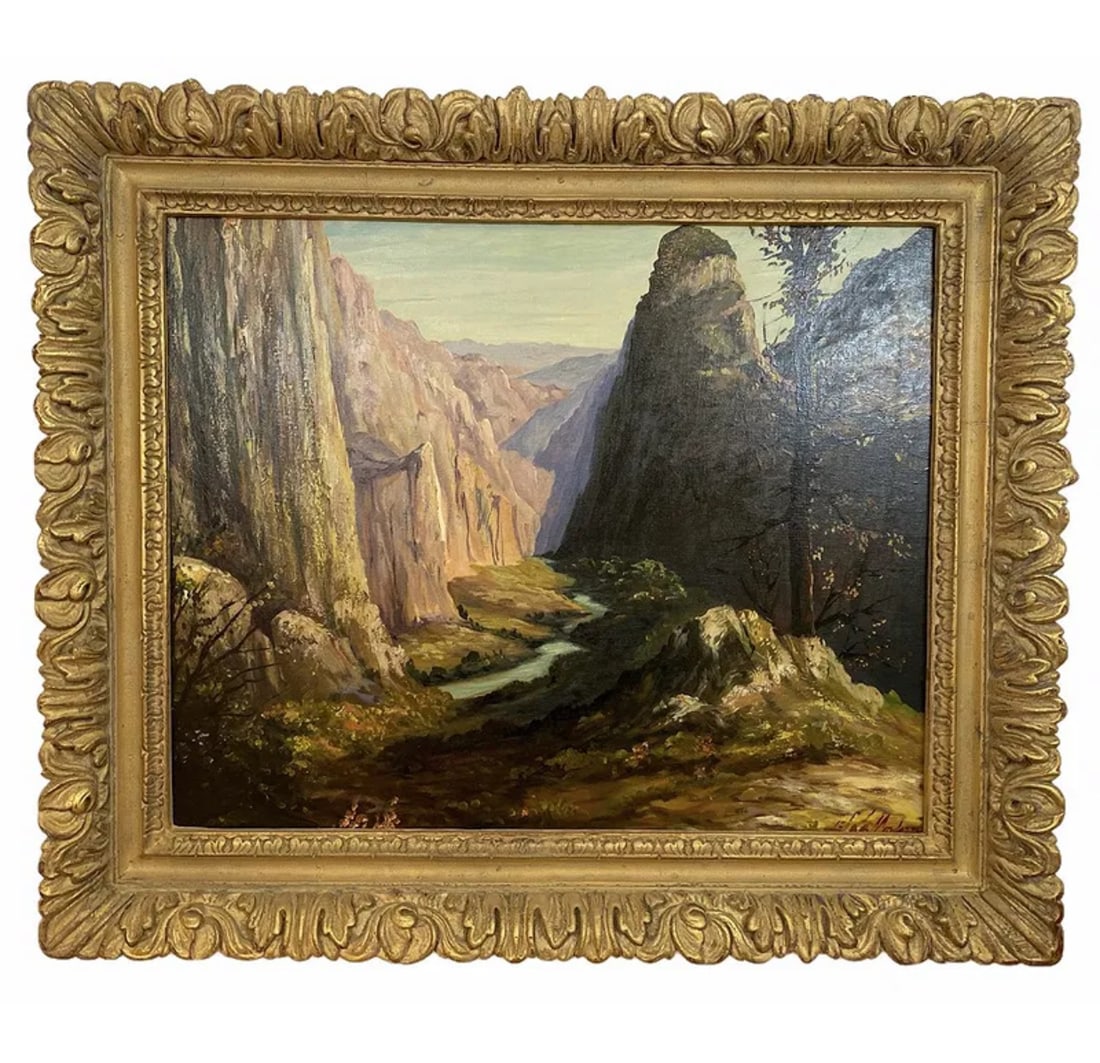 Landscape Oil Painting on Panel by Mendoza: frame: 41 in L x 35 in H -