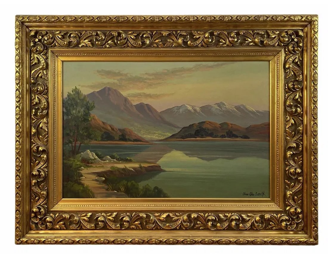 Huge Serene Highlands Oil Painting Landscape by Oliver Glen Barret: Frame: 52 in L x 40 in H - Painting: 35 1/2 x 23 1/2 ****Oliver Glen Barrett (1903-1970) BiographyBarrett was born in Illinois and moved to Los Angeles in 1921, later settling in Glendale. He