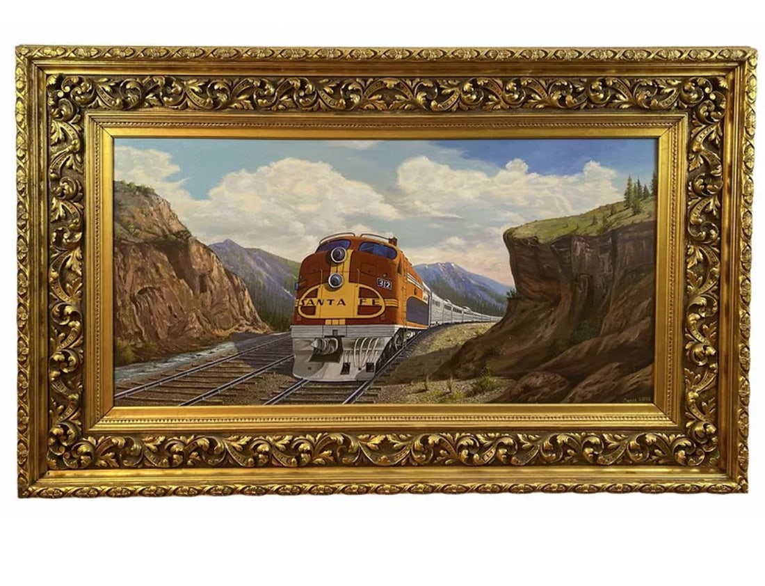 1987 Huge Santa Fe Train by Maurice Green: Oil Painting on Canvas - Frame: 63 in L x 40 in H -