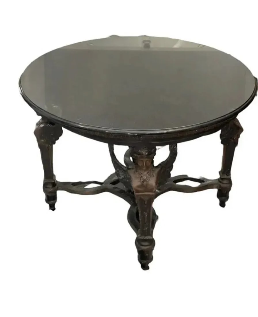 Marble and Bronze Mythology Center Table: Size:41 in D x 30 in H