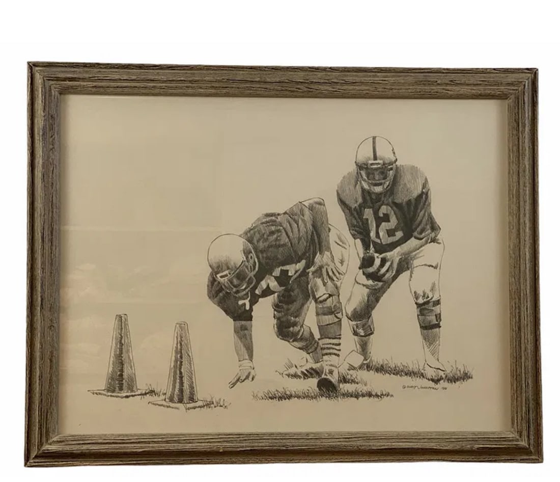 1984 American Football Pencil Drawing by Walt Johnston: - Frame: 27 in L x 21 in H