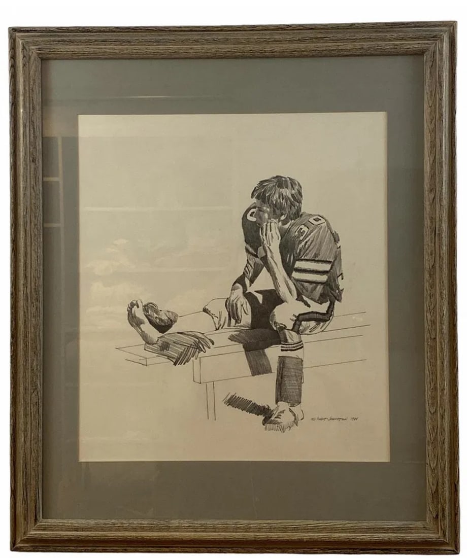 1984 American Football Pencil Drawing by Walt Johnston: Pencil Art -Frame: 27 in L x 21 in H