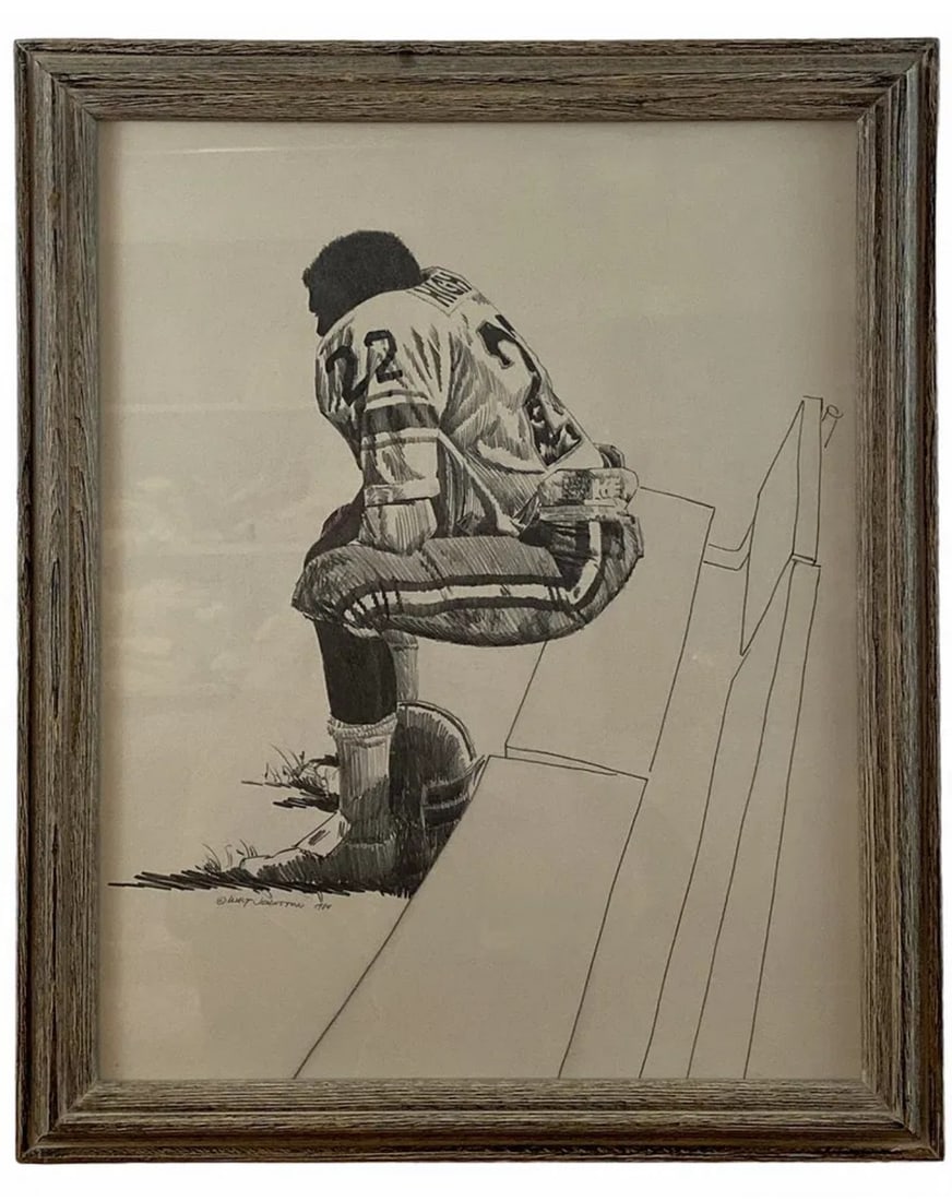 1984 American Football Pencil Drawing by Walt Johnston: Pencil Art -Frame: 23 in h x 19 in H