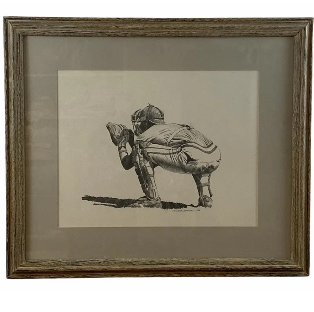 1984 American Football Pencil Drawing by Walt Johnston: Pencil Art -Frame: 27 in H x 23 in L-