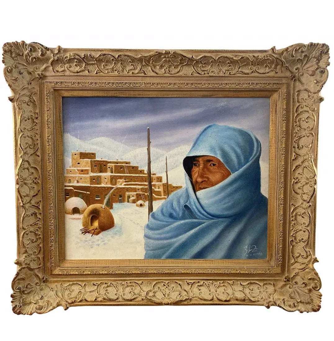 1989 Taos Snow New Mexcio Oil Painting by W. H. Hayes: Western - Oil painting on Canvas - Frame: 28in H x 24 in