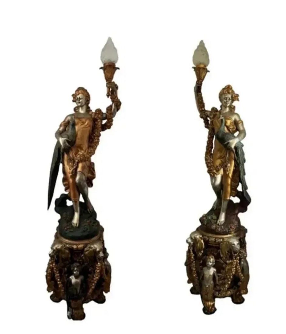 Pair of Luxury Lady Holding a Peacocks Bronze Floor Lamps (1 of 5)