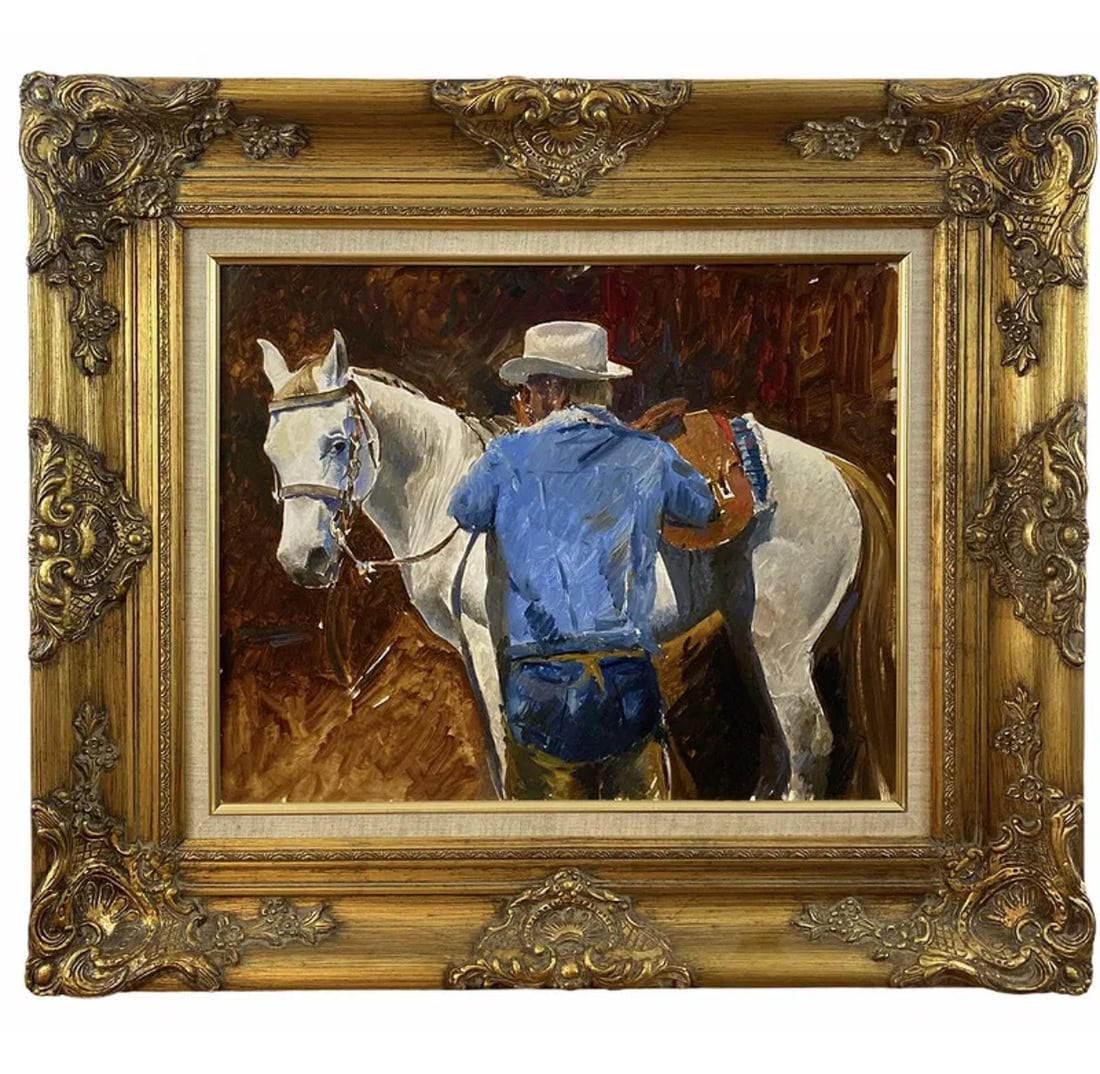Portrait of a Cowboy with horse Oil Painting on Panel: Unknown Artist- Frame: 30 in L x 26 in L