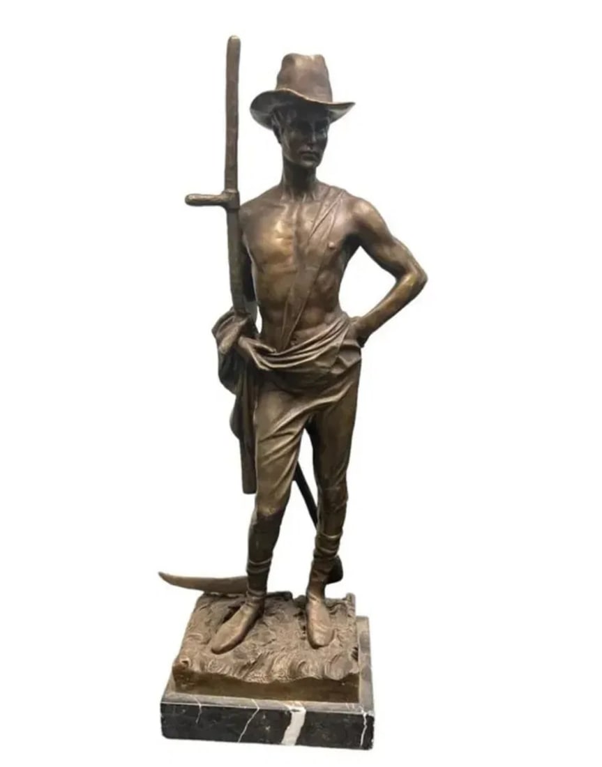 Large Farmer Bronze Sculpture: SIZE: 21 IN X 6 IN