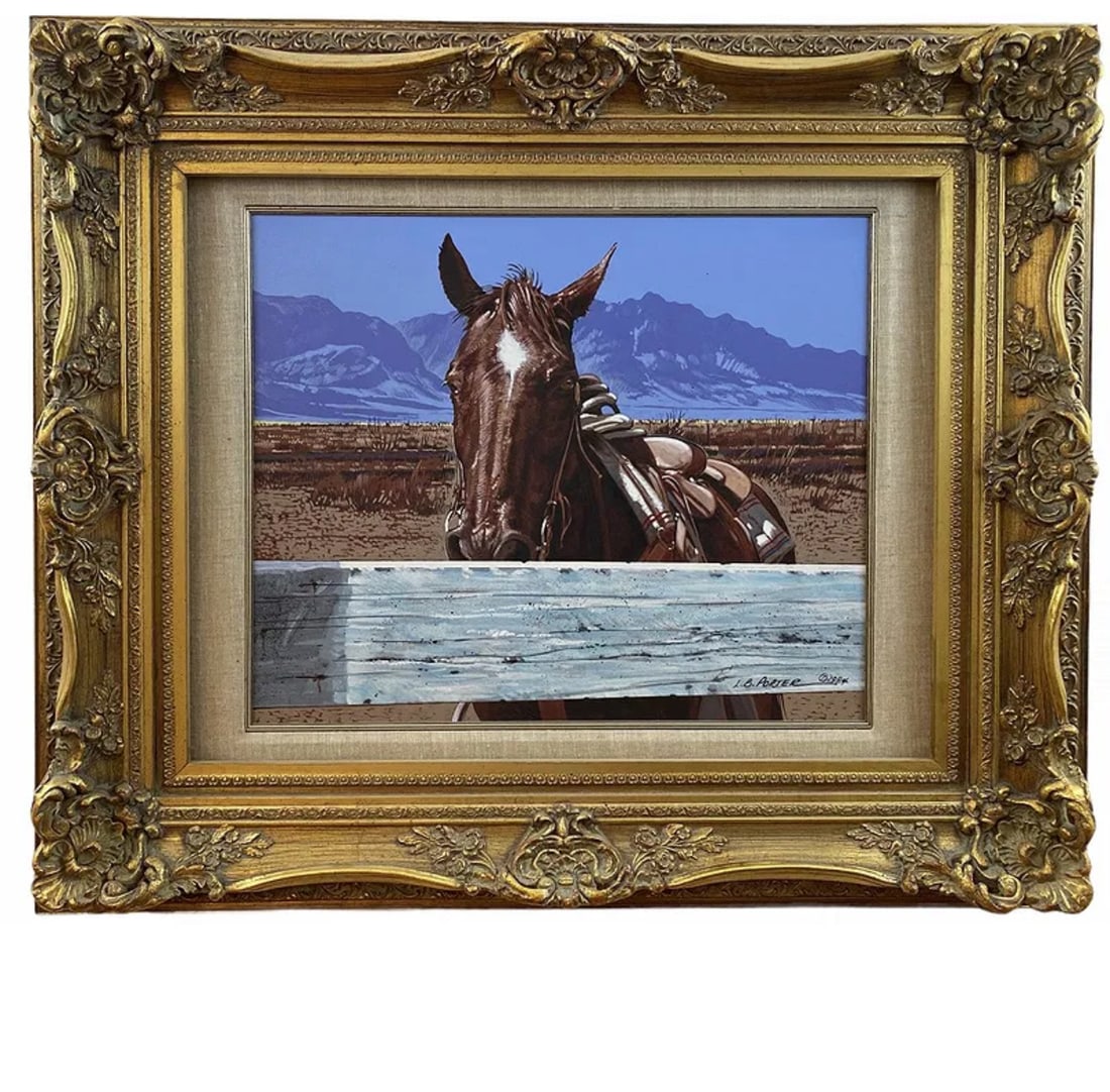 Ranch Horse by L. Benjamin Porter - Oil Painting: Oil on Canvas - Frame: 38 1/2 x 32 1/2 -Painting: 23 x 19 in H ****** Born: 1929 - El Paso, TexasKnown for: Female nude in western landscape painting, romanticism, decorationName variants: Lawrence