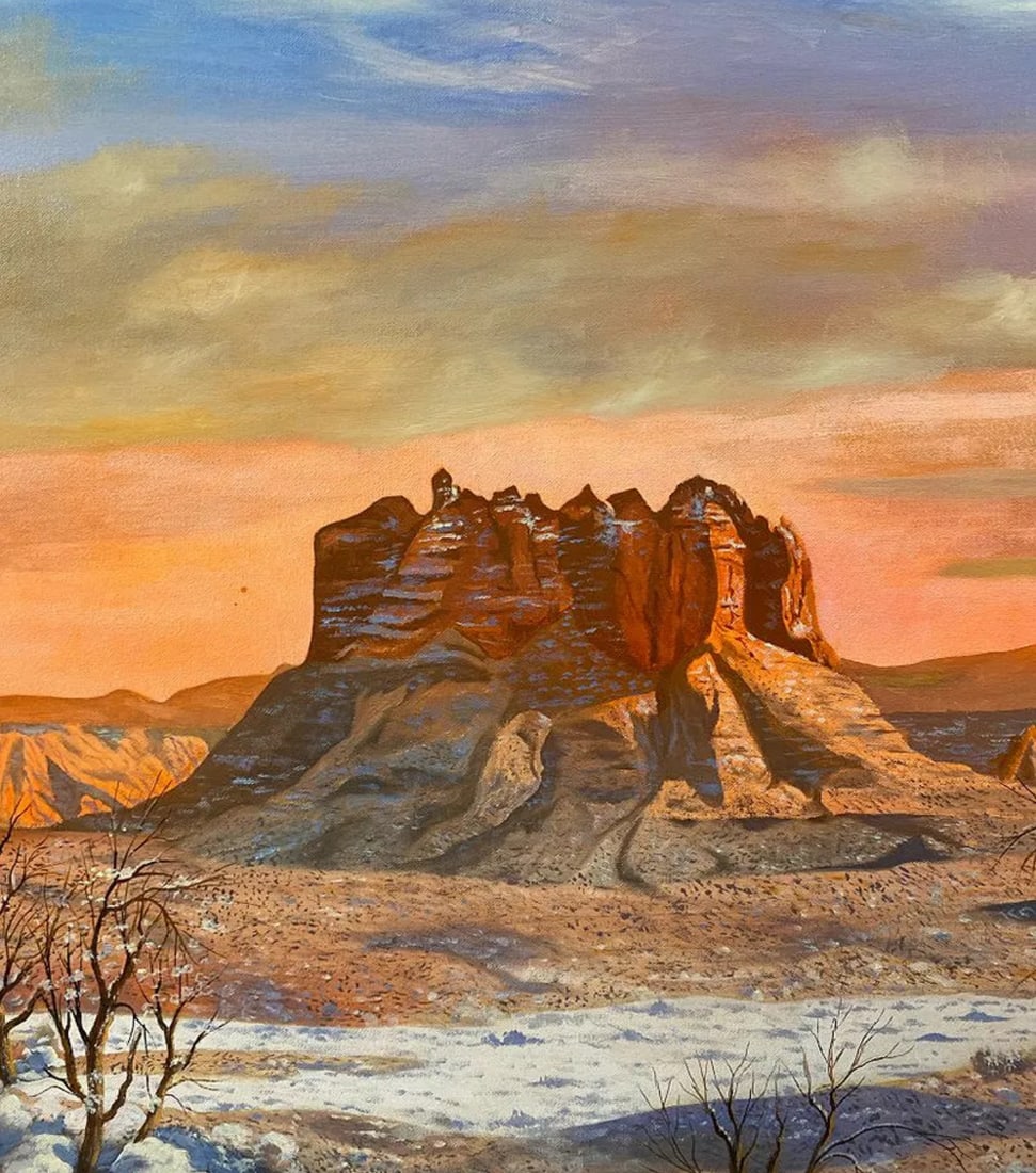 Sunset Oil Painting by Maurice Green: This fantastic painting Sunset at the desert painted in 1991 by the famous Albuquerque artist Maurice Green who lived and worked in Albuquerque until he passed in 2000. Its oil on board and signed