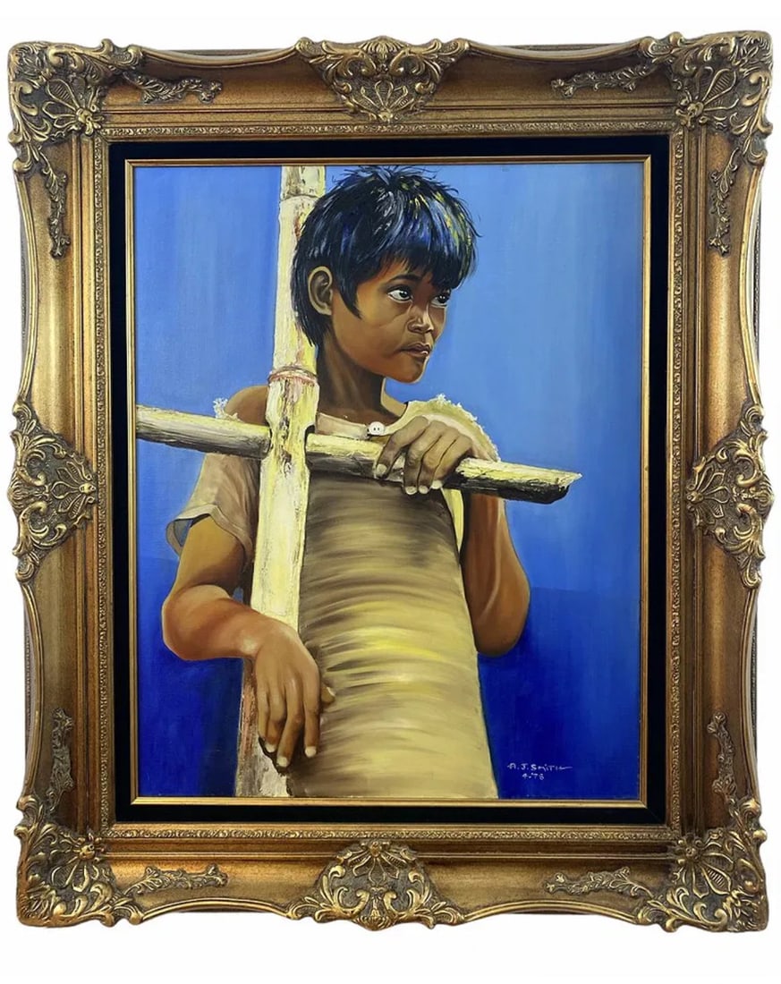 Native Navajo Boy Oil Painting by A. J. Smith: Oil on Canvas - Frame Size: 40 in H x 34 in L x Painting: 30 in H x 24 in L ******* Aj Smith Born: 1952Known for: Printmaking, teachingAj Smith is a printmaker and 