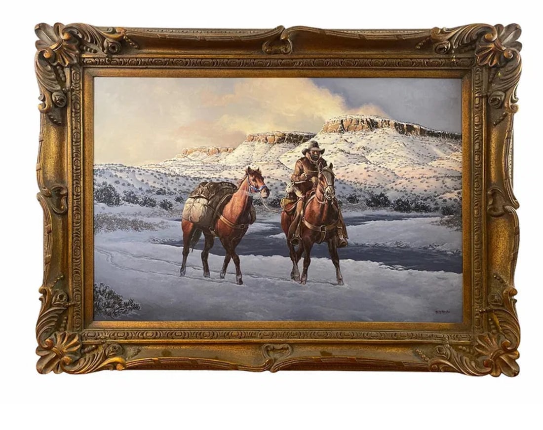 Western Oil Painting by Hector Morales: Frame: 45 in x 33 in -Painting 35 x 23 in -About HectorHector Moralesspecializes in southwestern art, and has been painting for almost fifty years. His specialities include oil and acrylic paintings b