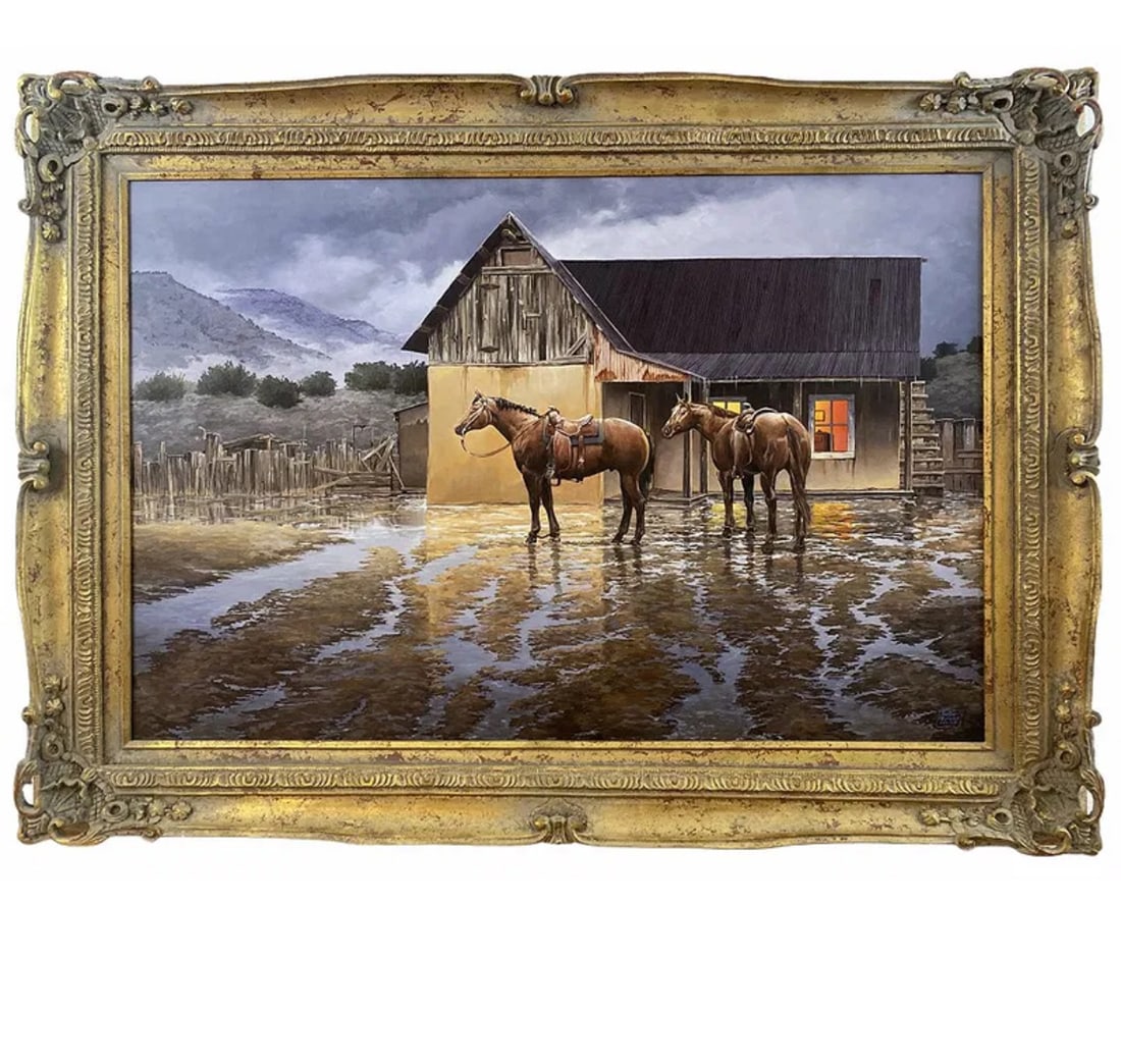 Horses Landscape Oil on Cavas by Hector Morales: Frame: 44x 32 in -Painting 35 1/2 x 23 1/2 in -About HectorHector Moralesspecializes in southwestern art, and has been painting for almost fifty years. His specialities include oil and acrylic paintin