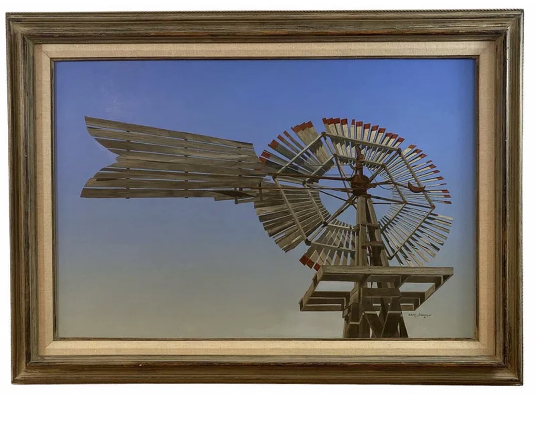 1981 Windmill Oil on Panel by Walt Johnston: Frame: 45 in H x 33 in - Painting: 36 x 24 ***** Walt Johnston was a contemporary realist. He looked at everything in the most modern way, saw the underlying abstract form, then brought that vision