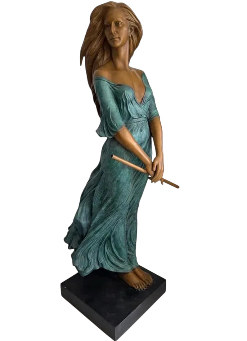 Life Size Bronze Woman With Flute Sculpture: Size: 70 in x 20 in x 20 in