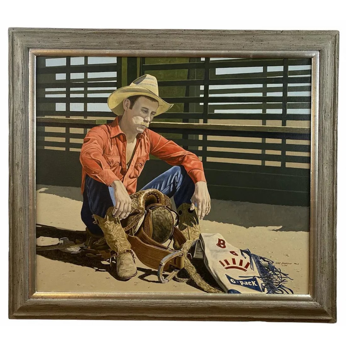 Cowboy Oil Painting on Canvas by Walt Johnston: Frame: 37 L x 33 in L - Painting: 30 in x 25 1/2 *** The Professional Rodeo Cowboys Association (PRCA) is the largest rodeo organization in the world. It sanctions events in the United States,