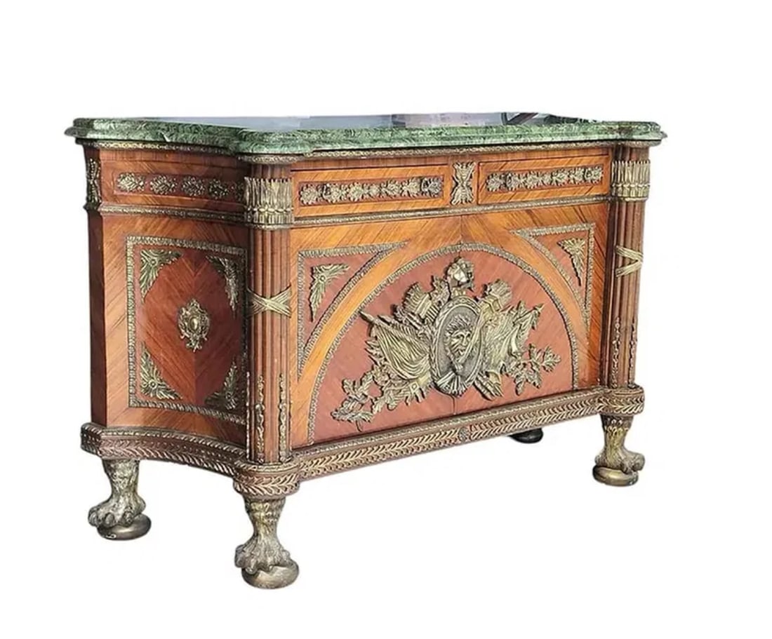 Ormolu Mounted French Regency Style Side Board: Marble top- Size: 55 in x 22 in x 38 in