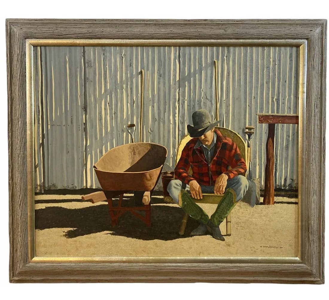 Cowboy Oil Painting by Walt Johnston: Frame: 37 L x 31 in L - Painting: 30 in x 24 ******1932-2018Simply put, Walt Johnston was a contemporary realist. He looked at everything in the most modern way, saw the underlying abstract form, then