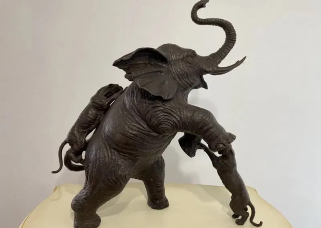 Large Bronze Elephant and Tigers Sculpture: Size: 26 in x 23 in x 11 in
