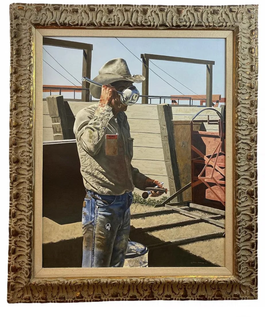 COWBOY ART Oil Painting by Walt Johnston: Frame: 39 in L x 32 in H - Painting : 30 in L x 23 in ***** 1932-2018Simply put, Walt Johnston was a contemporary realist. He looked at everything in the most modern way, saw the underlying abstract