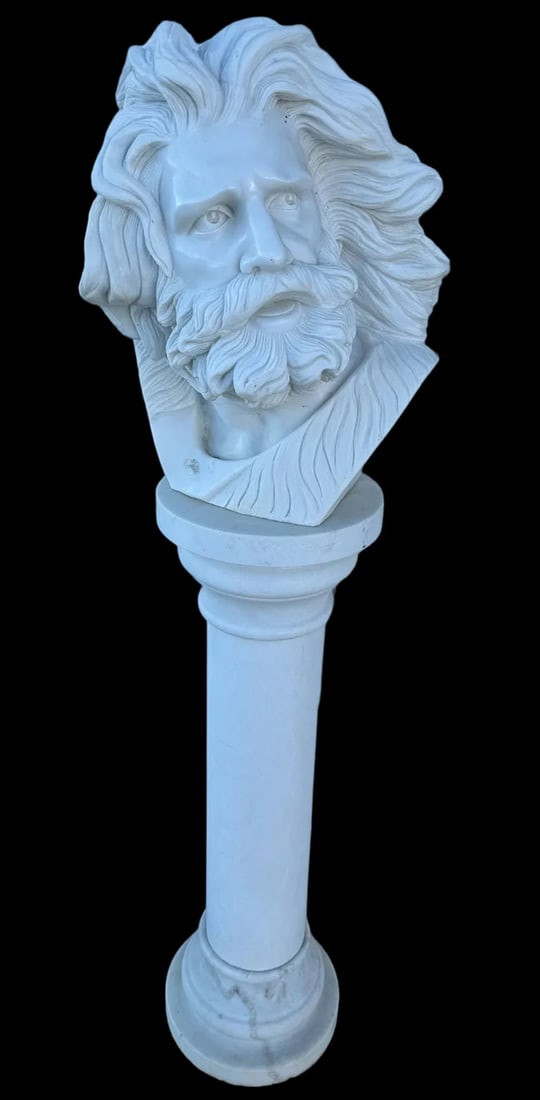 Zeus Marble Bust and Pedestal: Size: 54 in tall