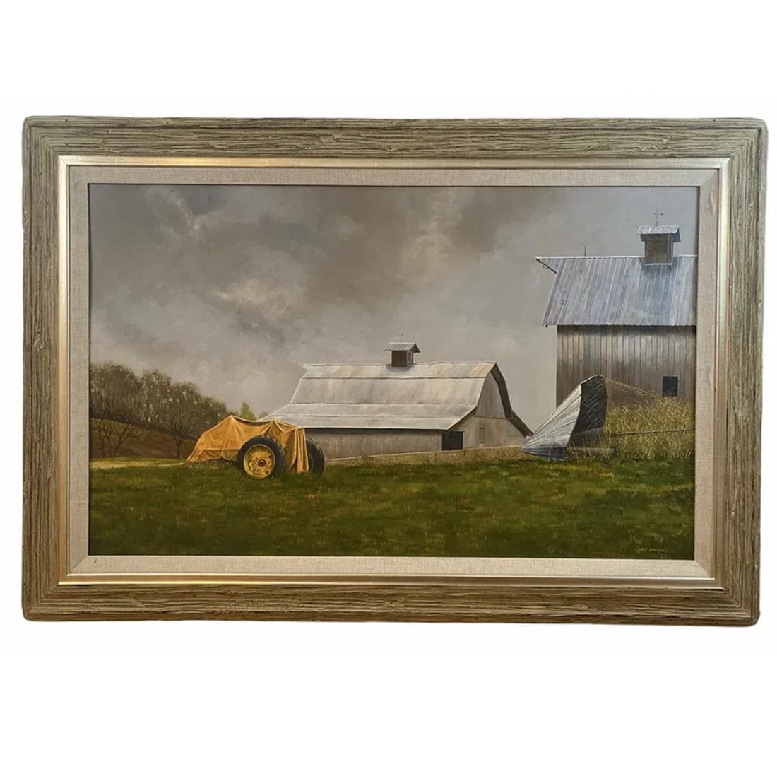 Huge Farm Oil Painting by Walt Johnston: Frame: 63 in L x 44 in L- Painting: 51 1/2 x 31 1/2 ****** 1932-2018Simply put, Walt Johnston was a contemporary realist. He looked at everything in the most modern way, saw the underlying abstract fo