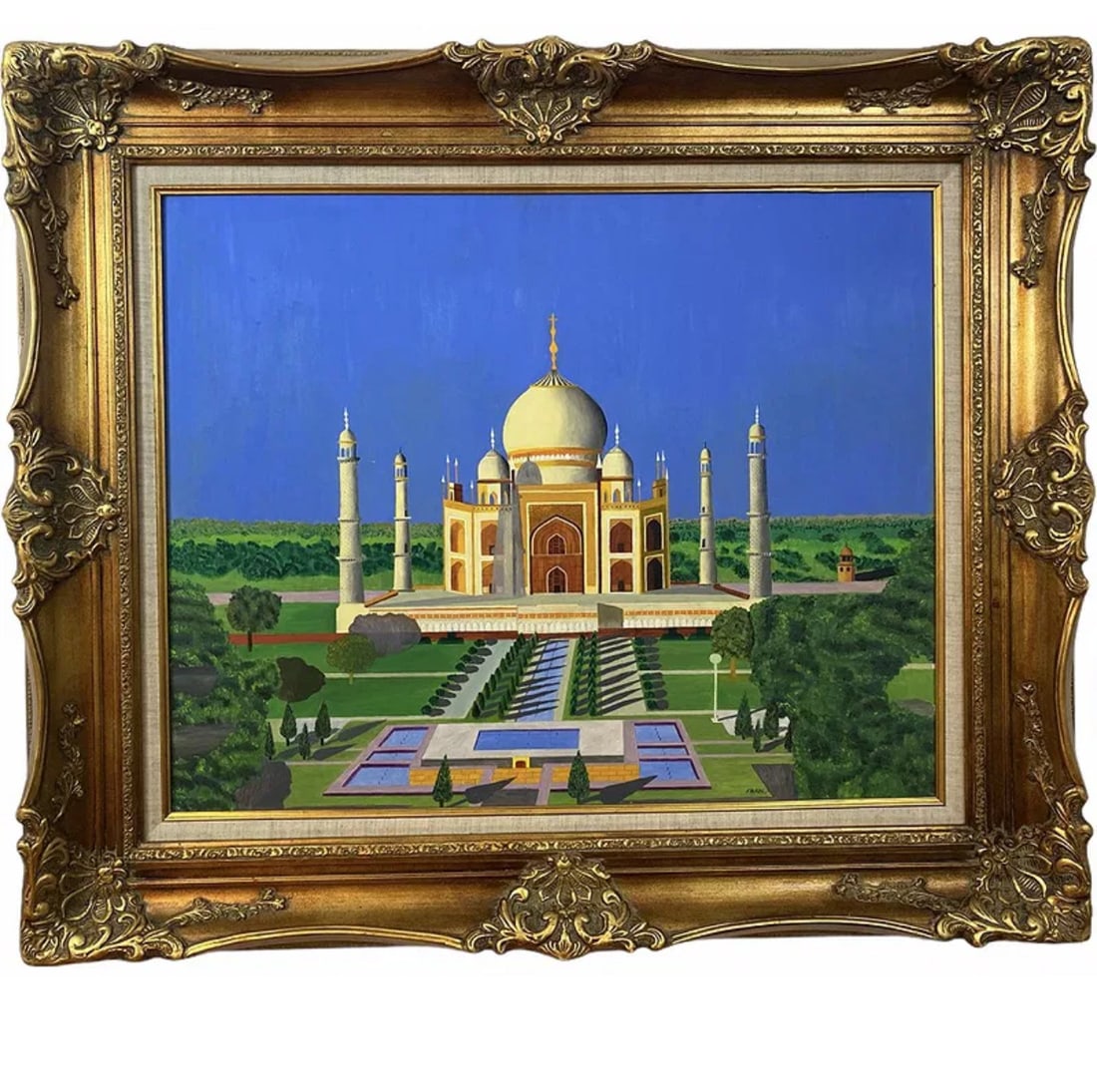 1968 Taj Mahal Oil Painting by Fran: Oil on Panel by Fran. Frame : 40 in L x 33 in H - Painting Size: 29 in L x 22 1/2 *****We offer Packaging, Handling and Shipping In House or You Are Welcome To Pick Up In Person Or Make Your Own