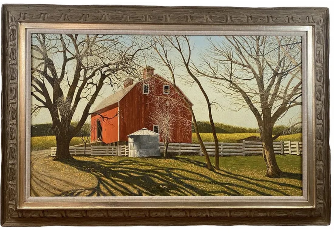 By Walt Johnston Red Farm Oil on Panel: Frame: 49 in al x 33 in - Painting: 29 1/2 x 22 1/2 ****Walt Johnston ( 1932-2018) was a contemporary realist. He looked at everything in the most modern way, saw the underlying abstract form, then