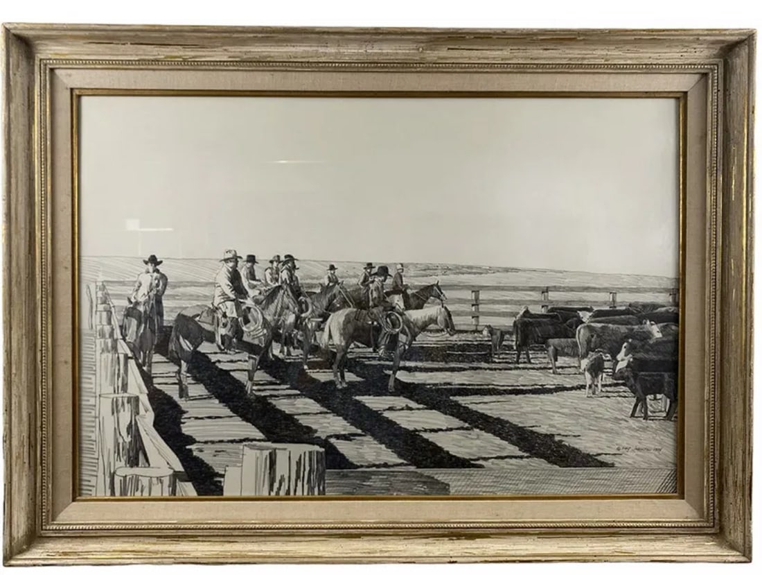 1984Western Pencil Drawing by Walt Johnston: Frame: 43 in Lx 31 in H - Walt Johnston ( 1932-2018) was a contemporary realist. He looked at everything in the most modern way, saw the underlying abstract form, then brought that vision to a stunnin