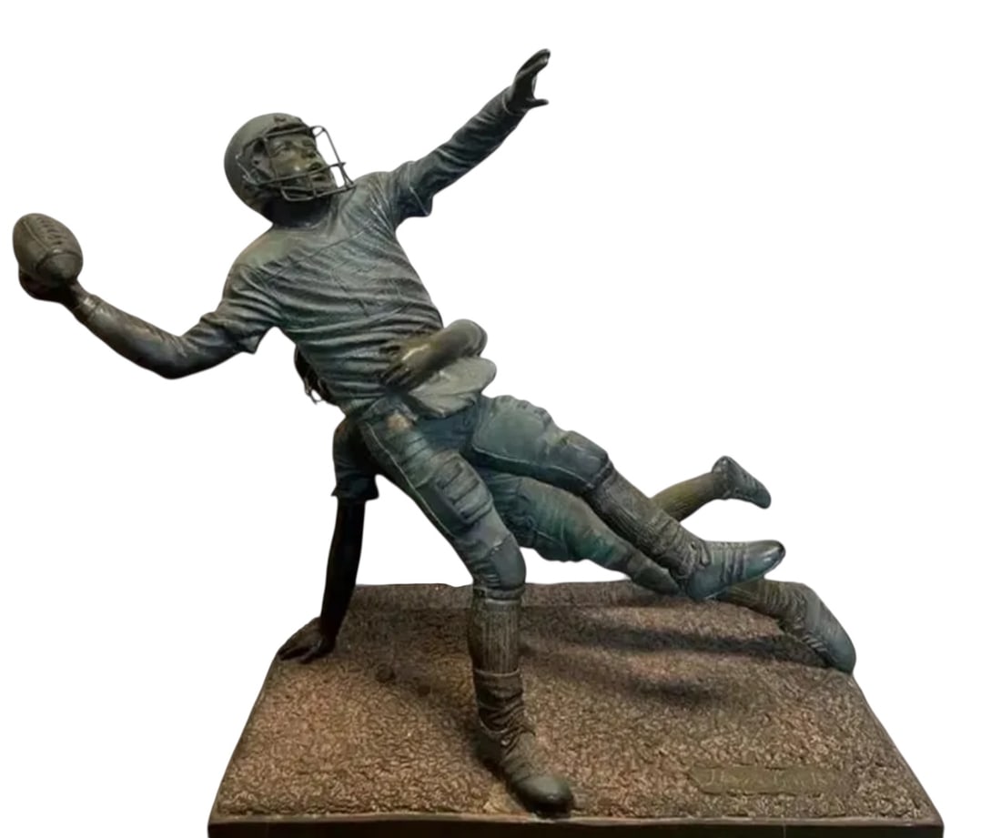 Large Football Bronze Player Sculpture by Jim Davidson: Size:23 in x 25 in x 13 in