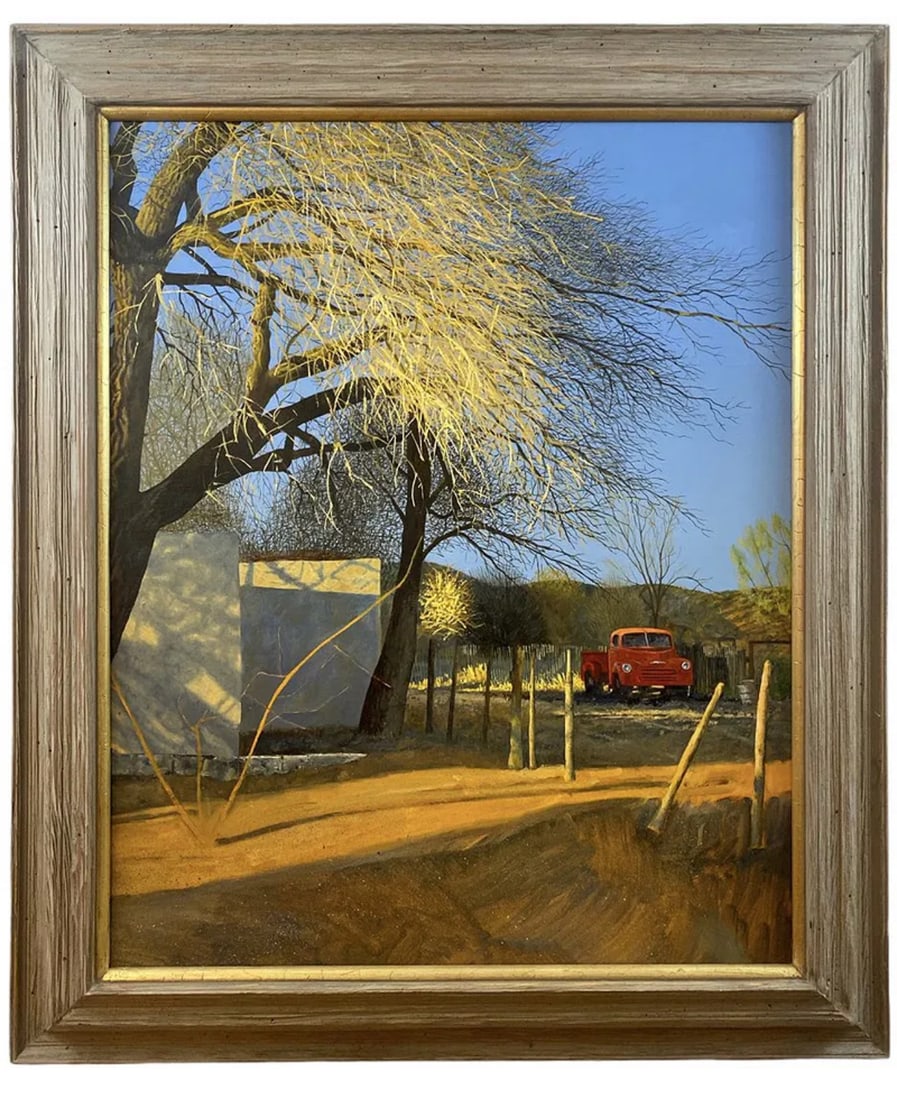Landscape Red Truck Oil on Canvas Panel by Walt Johnston: Frame: 40 in H x 34 in