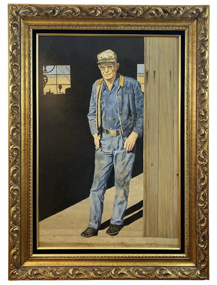 1981 Mechanic Portrait Oil Painting by Walt Johnston: Frame: 44 in H x 33 in L - Painting: 35 in x 24 *****Walt Johnston ( 1932-2018) was a contemporary realist. He looked at everything in the most modern way, saw the underlying abstract form, then broug