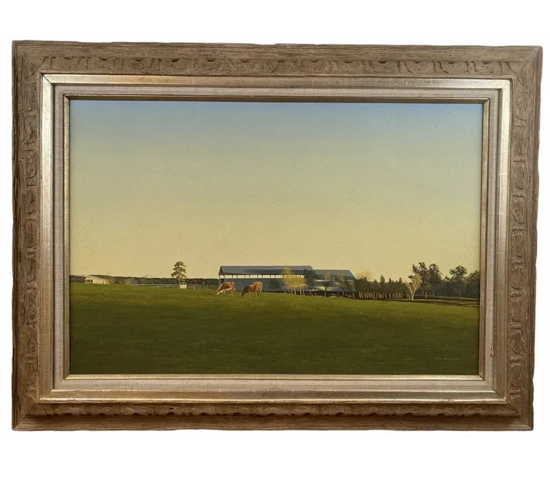 1985 Countryside Landscape Oil on Panel by Walt Johnston: Frame : 46 in L x 34 in H - Painting: 35 in L x 23 in Walt Johnston ( 1932-2018) was a contemporary realist. He looked at everything in the most modern way, saw the underlying abstract form, then brou