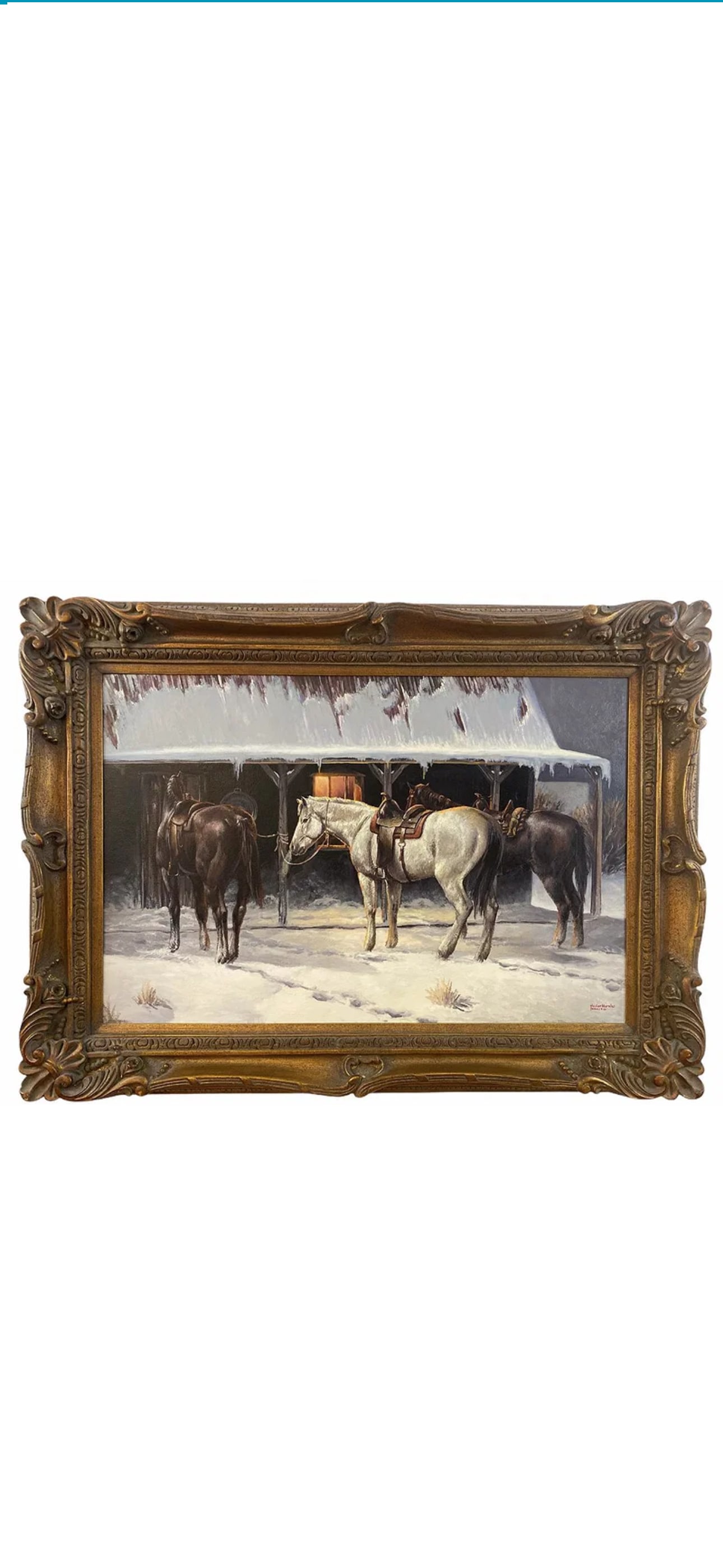 Winter Horses Oil Painting by Hector Morales: Oil on Panel - Frame Size: 44 in L x 33 in H - Painting: 35 1/2 x 23 1/2 About HectorHector Moralesspecializes in southwestern art, and has been painting for almost fifty years. His specialities inclu