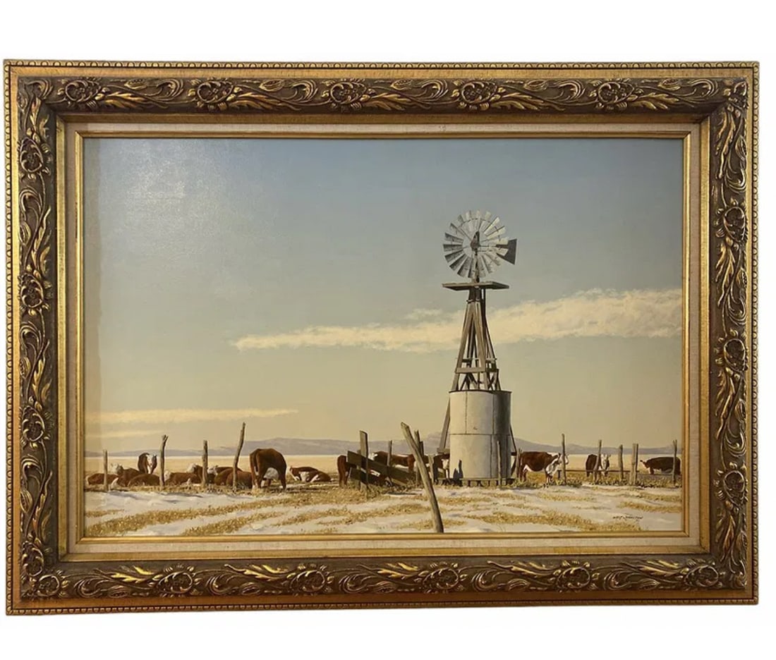 1983 Windmill Oil on Canvas Color by Walt Johnston: Frame: 45 in x 33 in H - Painting: 35 1/2 x 23 1/2 in H ***** Walt Johnston ( 1932-2018) was a contemporary realist. He looked at everything in the most modern way, saw the underlying abstract form, t