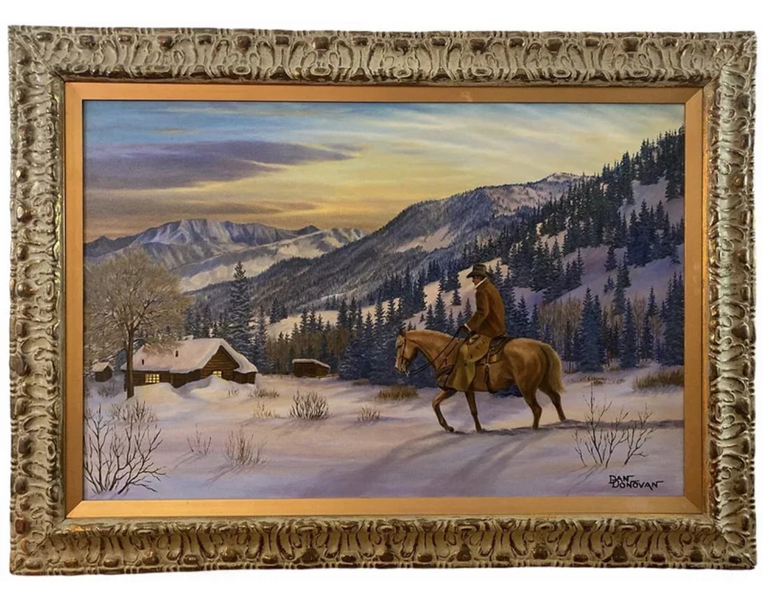 Western Cowboy and Horse Oil Painting by Dan Donovan: Frame: 45 in L x 33 in