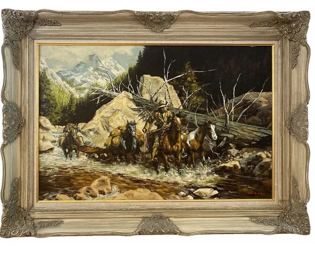 Landscape Horses Oil on Canvas by Carlos M. Ortega: Frame: 46 in L x 34 in - Painting: 35 in L x 23 in H****** About Carlos Mérida OrtegaMérida’s art career began when he was still a teenager. His family’s move back to Guatemala C