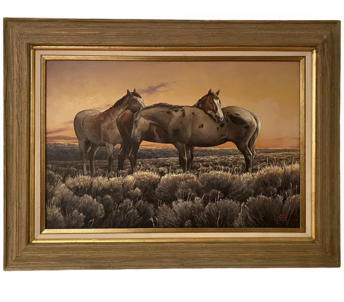 Three Horses Landscape Oil on Canvas by Hector Morales: Frame: 40 in L x 30 in H - Painting: 29 1/2 x 19 in H -3 horses oil Painting by Hector Morales- About HectorHector Moralesspecializes in southwestern art, and has been painting for almost fifty years.